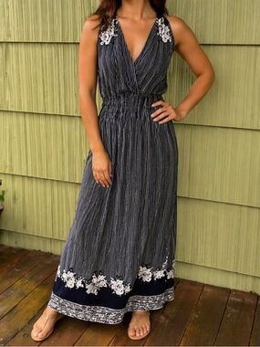 Striped Navy Floral-Trim Maxi Dress - Unbranded